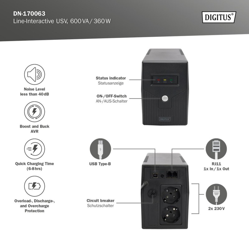 Zasilacz awaryjny UPS DIGITUS Line-Ineractive LED, 600VA/360… | PartsPC.pl
