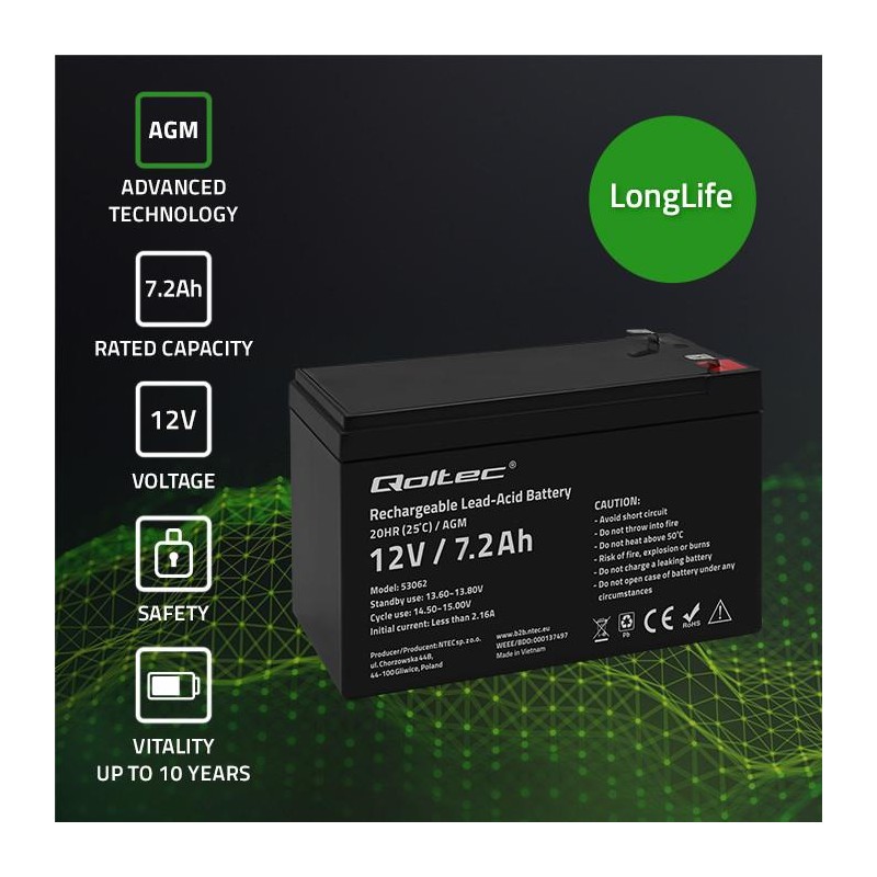 Akumulator AGM Qoltec 12V | 7.2Ah | PartsPC.pl