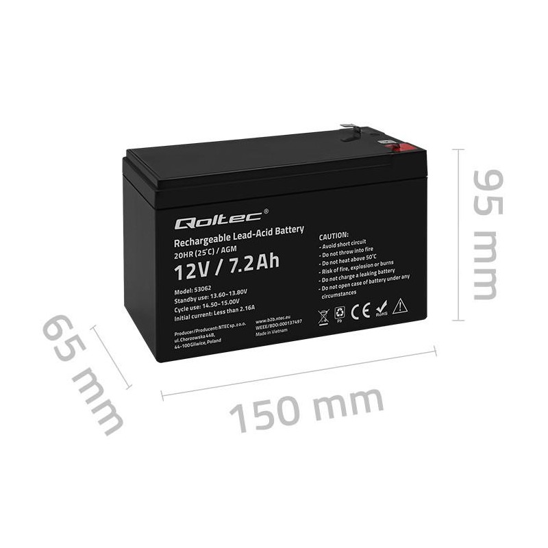Akumulator AGM Qoltec 12V | 7.2Ah | PartsPC.pl