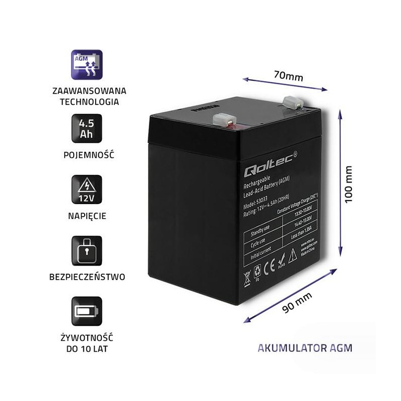 Akumulator AGM Qoltec 12V | 4.5Ah | PartsPC.pl