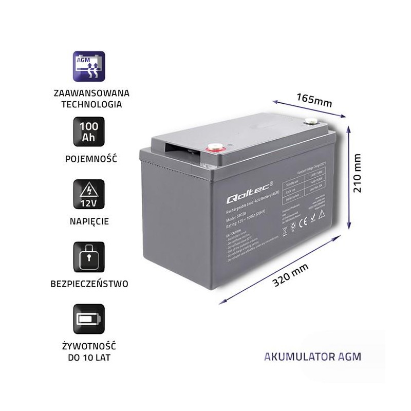 Akumulator AGM Qoltec 12V | 100Ah | PartsPC.pl