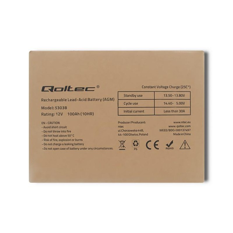 Akumulator AGM Qoltec 12V | 100Ah | PartsPC.pl