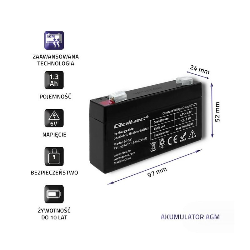 Akumulator AGM Qoltec 6V | 1.3Ah | PartsPC.pl