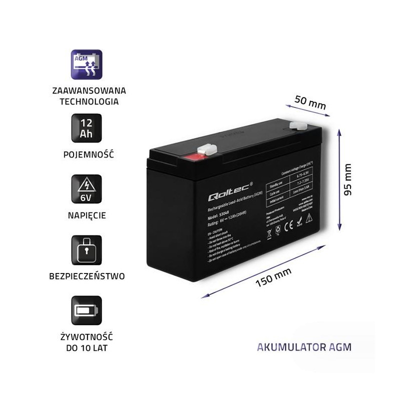 Akumulator AGM Qoltec 6V | 12Ah | PartsPC.pl
