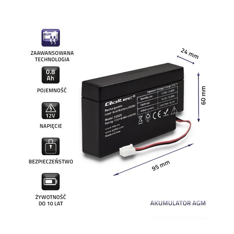 Akumulator AGM Qoltec 12V | 0.8Ah | PartsPC.pl