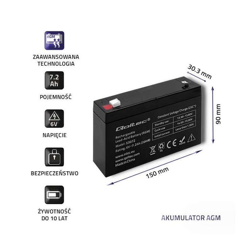 Akumulator AGM Qoltec 6V | 7.2Ah | PartsPC.pl