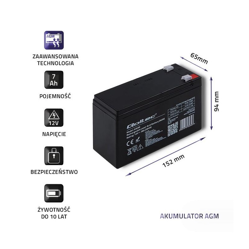 Akumulator AGM Qoltec 12V | 7Ah | PartsPC.pl