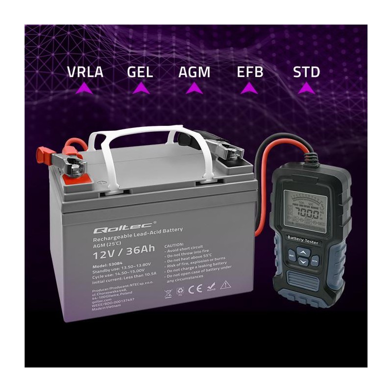 Tester cyfrowy Qoltec akumulatora z wyświetlaczem LCD | 12V | 24V |