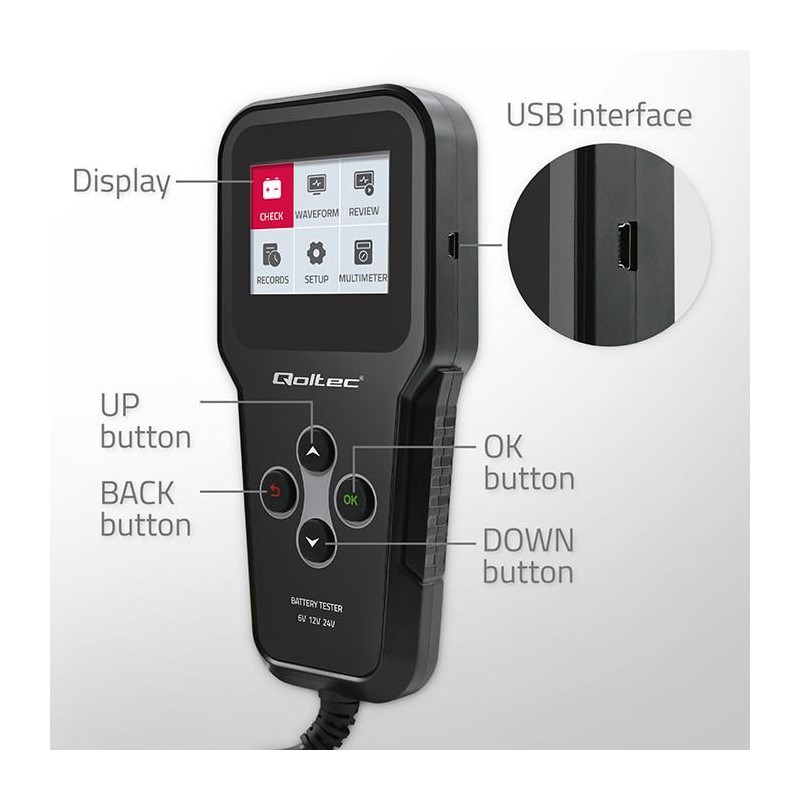 Tester cyfrowy Qoltec akumulatora 3w1 z LCD | Polskie Menu | 6V | 12V | 24V