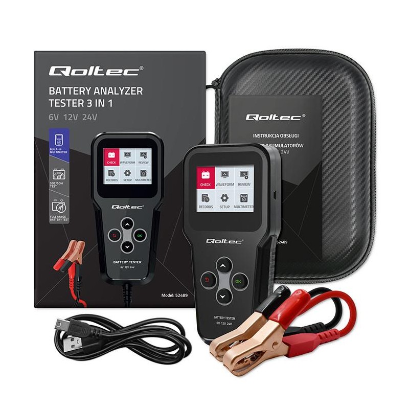 Tester cyfrowy Qoltec akumulatora 3w1 z LCD | Polskie Menu | 6V | 12V | 24V