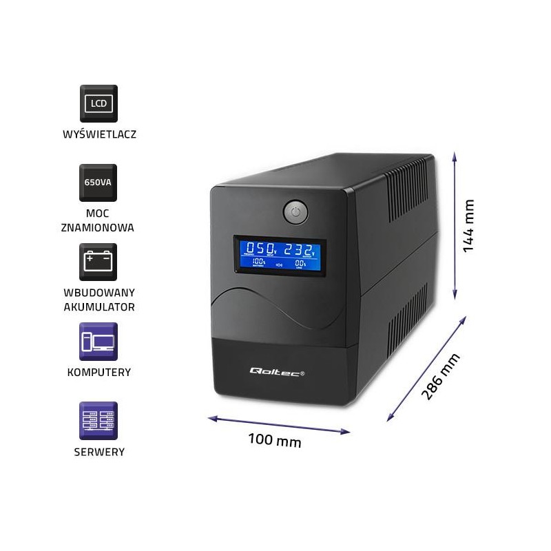 Zasilacz awaryjny UPS Qoltec Monolith | 650VA | 360W | LCD |… | PartsPC.pl