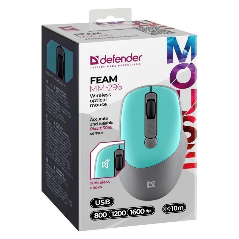 Mysz bezprzewodowa defender feam mm-296 optyczna bezklikowa silent 1600dpi mięta