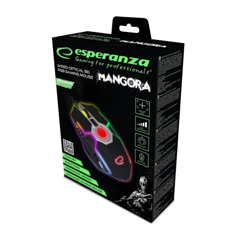 Mysz przewodowa Esperanza EGM701 MANGORA Gaming LED RGB 8D opt. USB