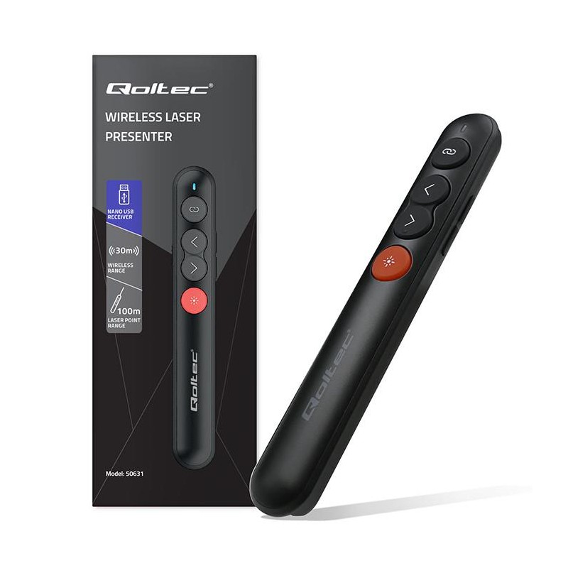 Wskaźnik Qoltec laserowy | Prezenter 4w1 | USB 3.0 | 2.4GHz | 100m