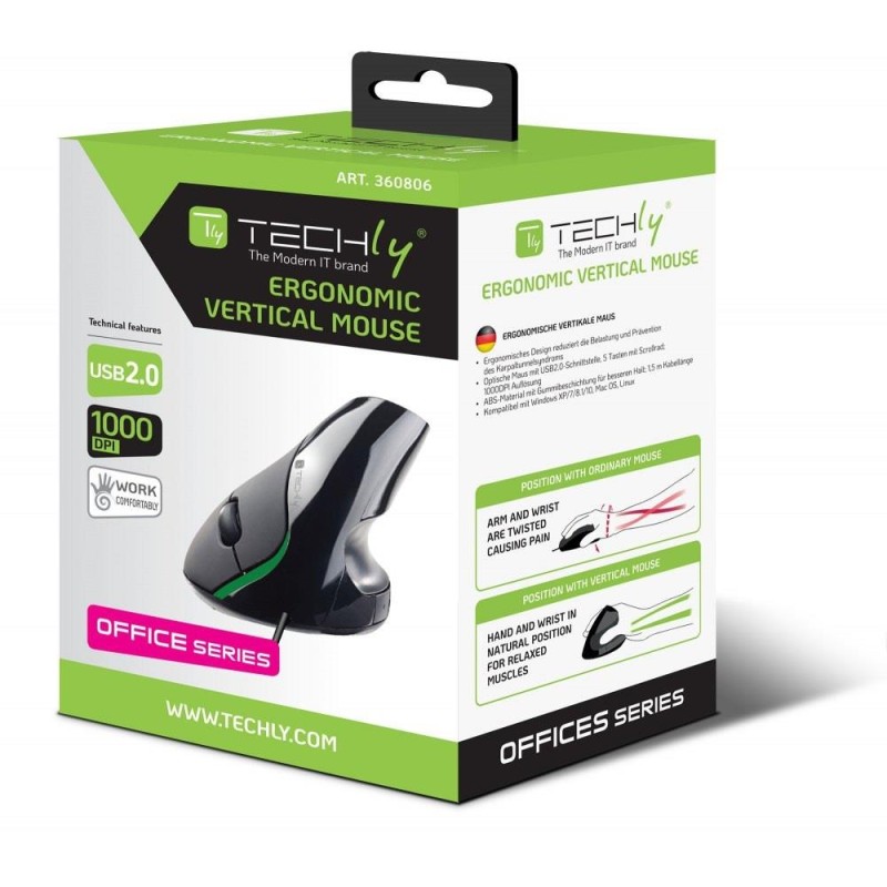 Mysz przewodowa Techly Ergonomiczna Optyczna 1000dpi | PartsPC.pl