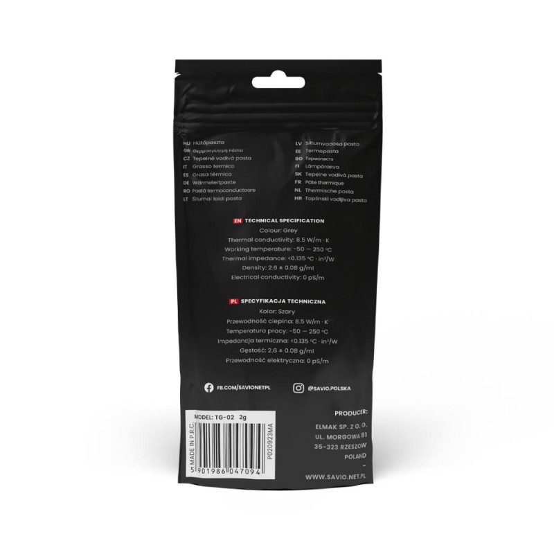 Pasta termoprzewodząca SAVIO TG-02 2G, 8.5W/m-K, 2g | PartsPC.pl
