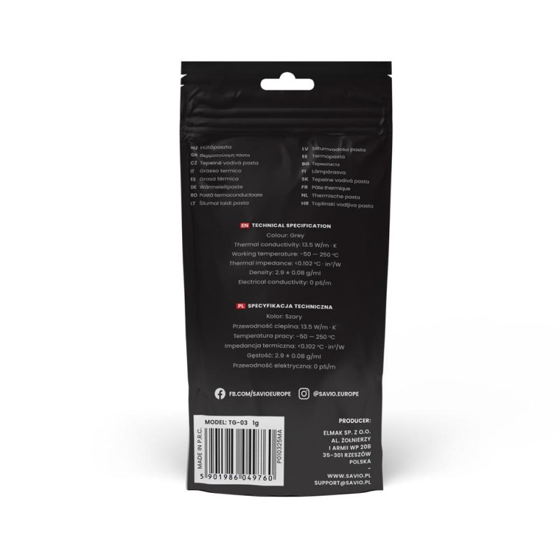 Savio Pasta termoprzewodząca Glacier 13,5 W/mK, 1g TG-03 | PartsPC.pl