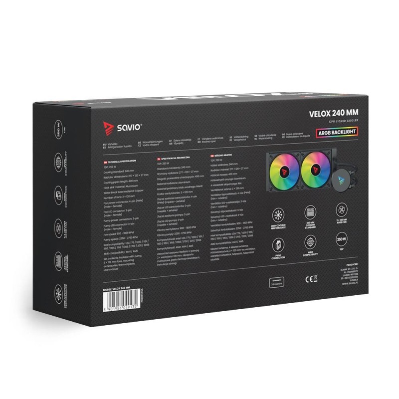 Chłodzenie wodne SAVIO VELOX 240mm CPU ARGB | PartsPC.pl