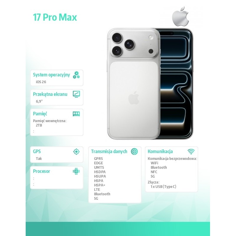 iPhone 17 PRO MAX Srebrny 2TB | PartsPC.pl