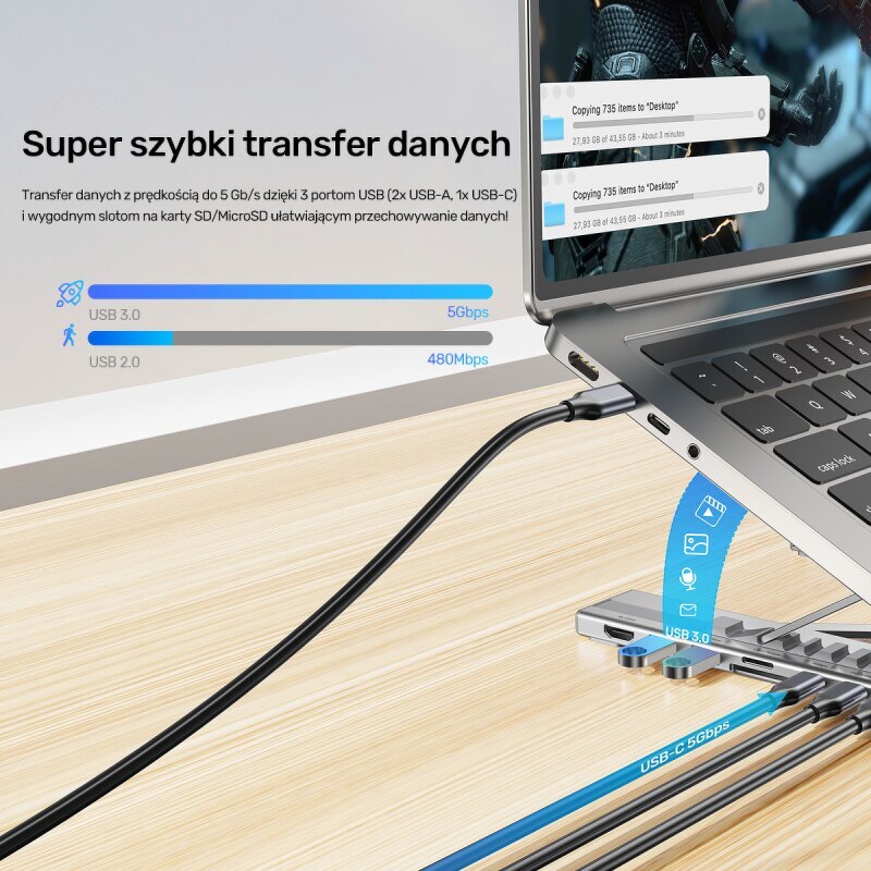 Unitek Podstawka regulowana pod laptop z hubem/HDMI/PD/SD | PartsPC.pl