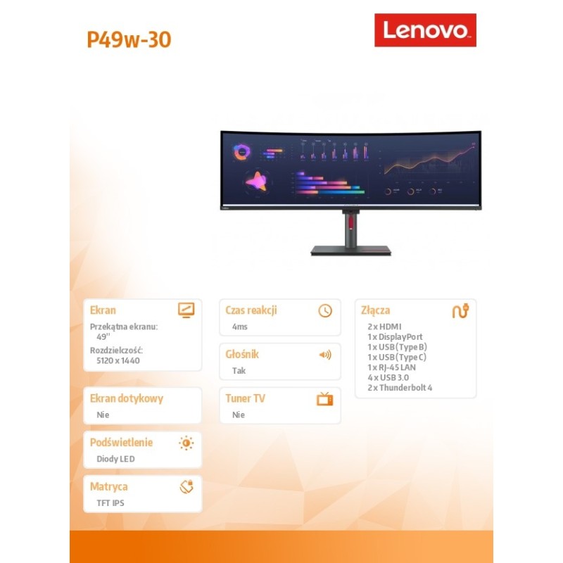 Monitor 49.0 cali ThinkVision P49w-30 WLED 63DBRAT1EU | PartsPC.pl