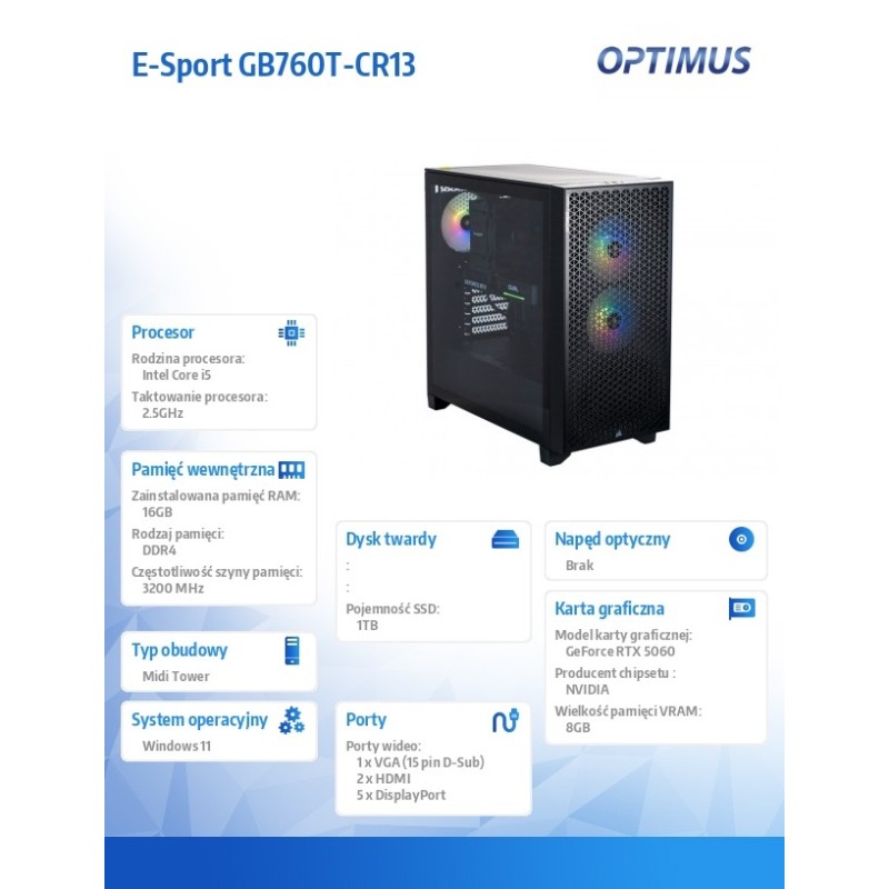 Komputer E-Sport GB760T-CR18 i5-14400F/16GB/1TB/RTX 5060 8GB… | PartsPC.pl
