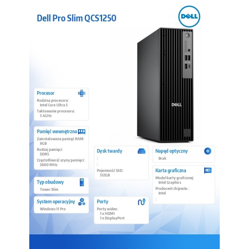 Komputer Dell Pro Slim QCS1250 W11Pro U5 235/8GB/512GB SSD C… | PartsPC.pl