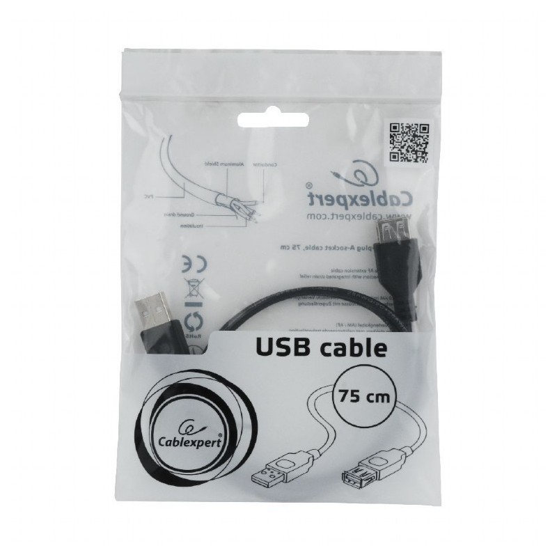Przedłużacz kabla USB 2.0 AM-AFI 0.75m czarny | PartsPC.pl