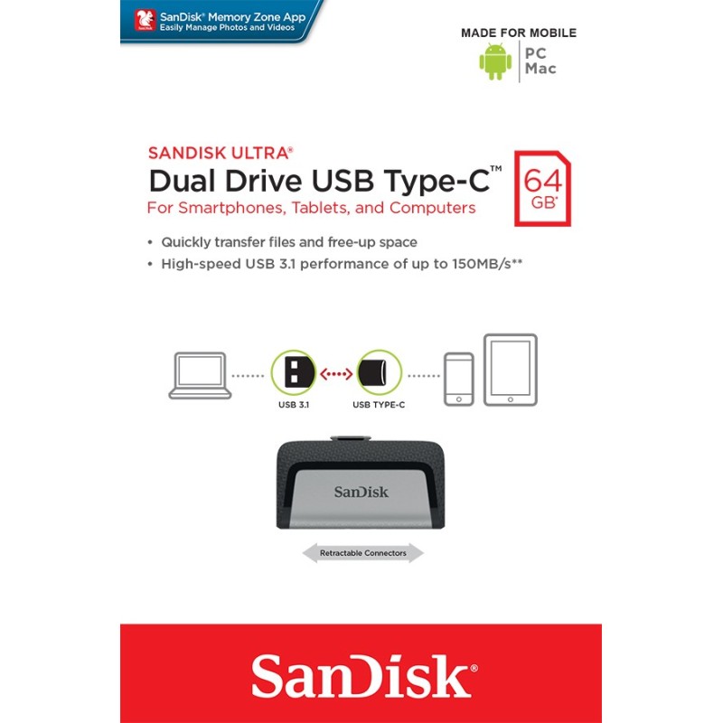 Pendrive Ultra Dual Drive 64GB USB 3.1 Type-C 150MB/s | PartsPC.pl