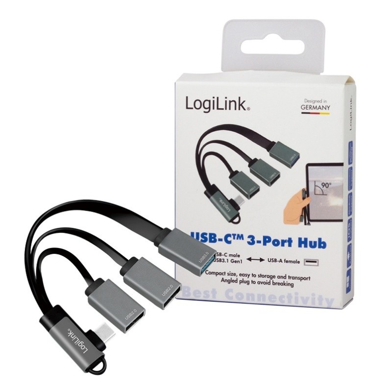 Hub USB 3.2, USB-C/M 90, do 3xUSB-A/F, 0.15m | PartsPC.pl