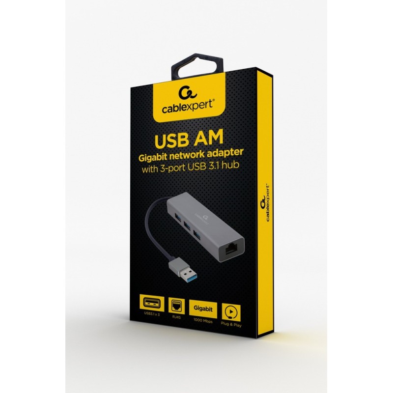 Adapter USB-AM to LAN GbE Hub 3xUSB 3.0 | PartsPC.pl