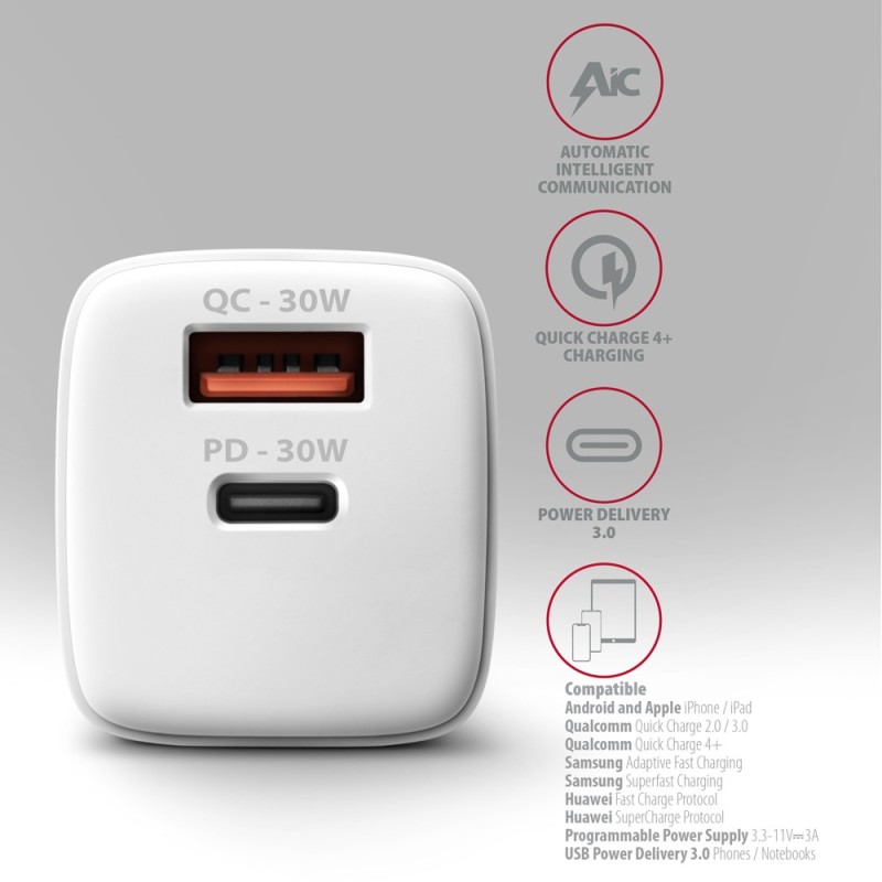 ACU-PQ30W Ładowarka sieciowa PD & QC 30W, QC3.0,4.0/AFC/FCP/… | PartsPC.pl