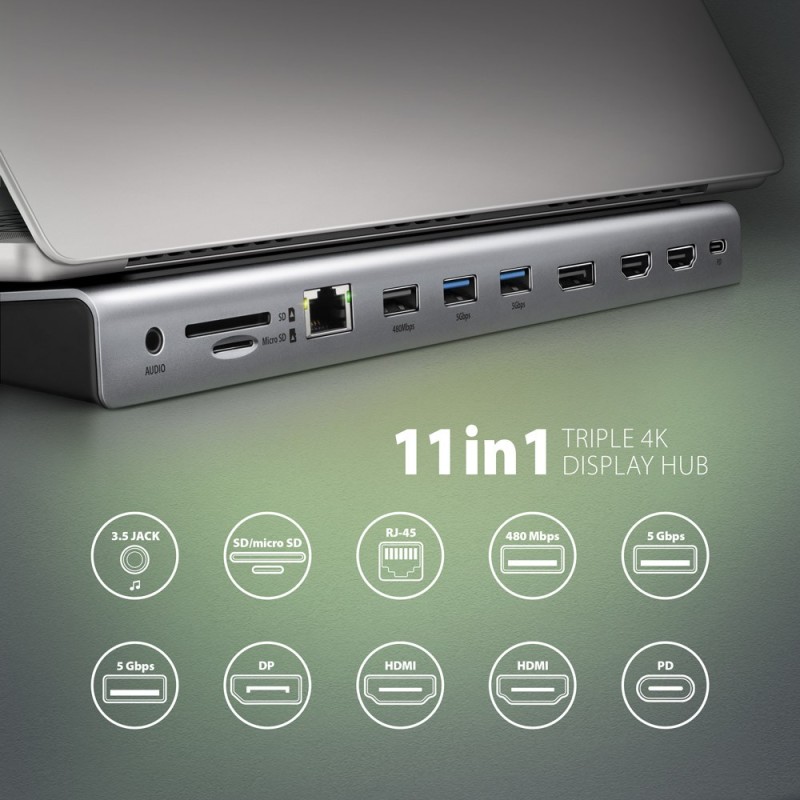 HMC-4KX3 Wieloportowy hub USB 11in1, 5Gbps, 3x USB-A, 2x HDM… | PartsPC.pl