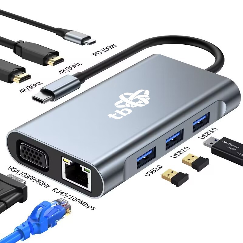HUB Adapter USB C 8w1 HDMIx2 USB VGA RJ45 PD | PartsPC.pl