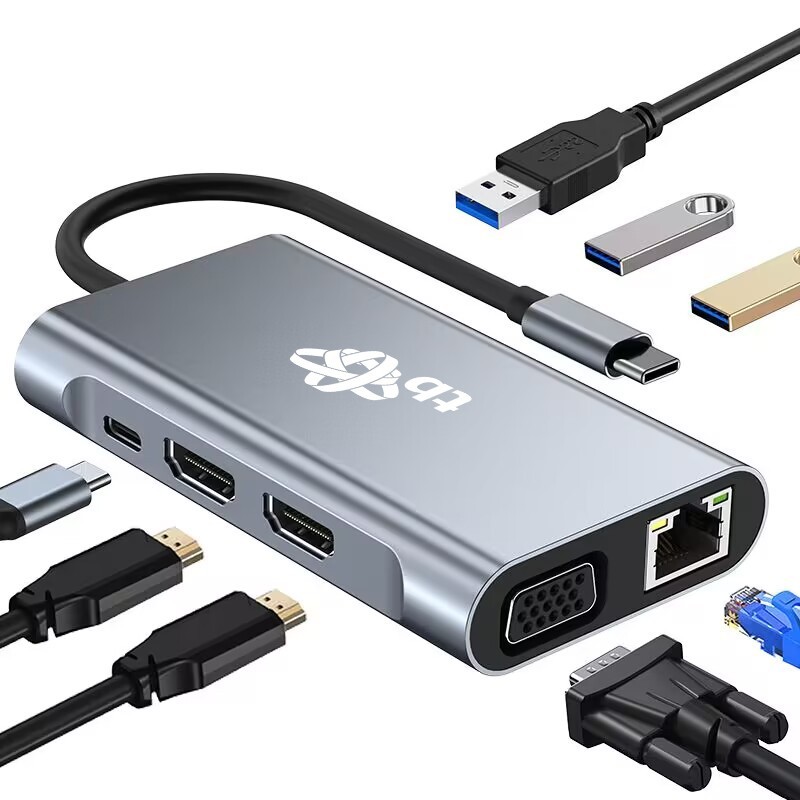 HUB Adapter USB C 8w1 HDMIx2 USB VGA RJ45 PD | PartsPC.pl