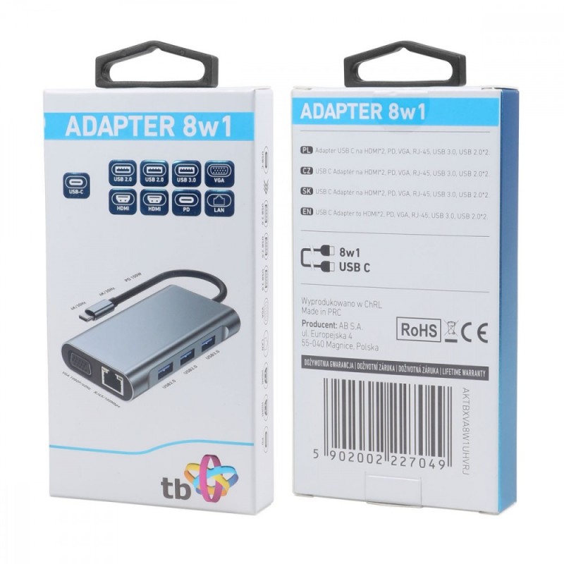 HUB Adapter USB C 8w1 HDMIx2 USB VGA RJ45 PD | PartsPC.pl
