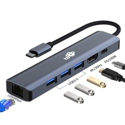 Adapter HUB USB C 6w1 - HDMI, USBx3, PD, RJ-45 | PartsPC.pl