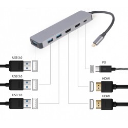 Adapter USB-C Hub USB-C PD HDMI x2 USB 3.0x3 | PartsPC.pl