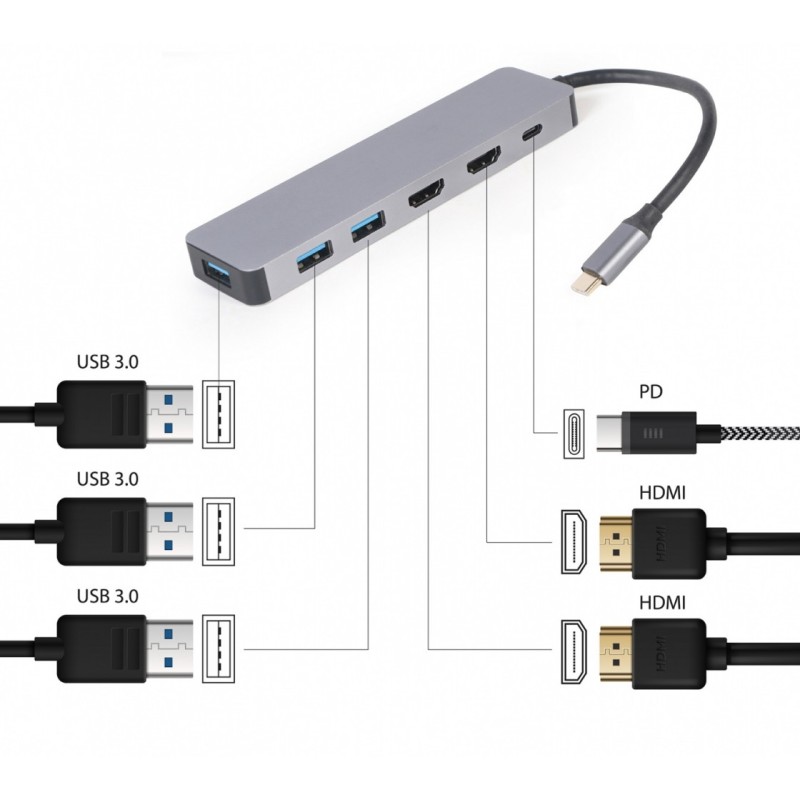 Adapter USB-C Hub USB-C PD HDMI x2 USB 3.0x3 | PartsPC.pl
