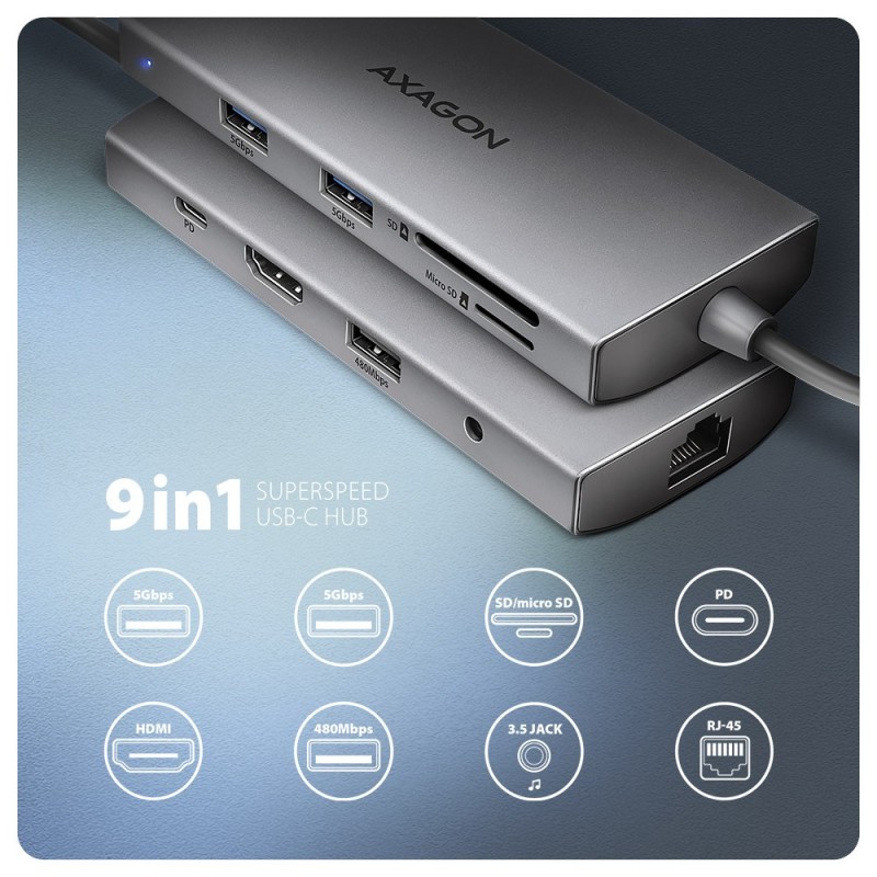HMC-8HLSA Wieloportowy hub USB 9in1, 5Gbps, 3x USB-A + HDMI … | PartsPC.pl