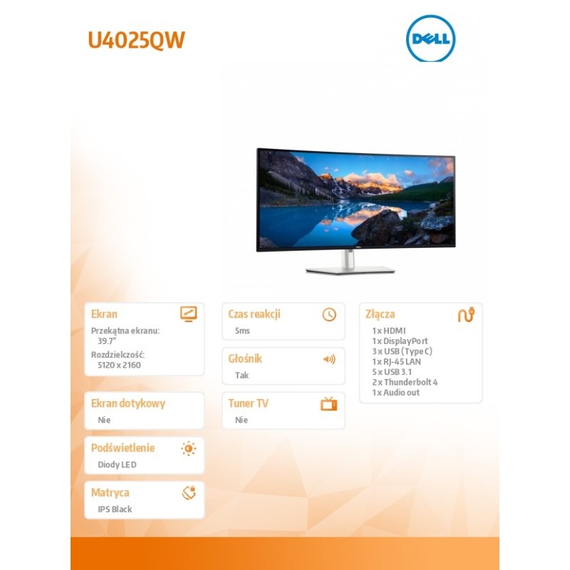 Monitor U4025QW 39,7 cala Curved/WUHD/5120x2160/21:9/HDMI/DP… | PartsPC.pl