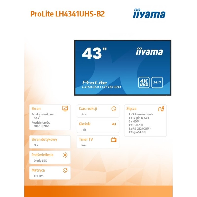 Monitor ProLite LH4341UHS-B2 42.5 cala 24/7,500cd,4K,IPS,3xH… | PartsPC.pl