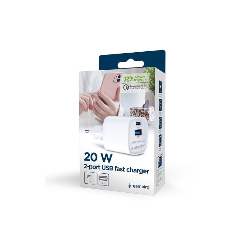 Mini-ładowarka USB-A USB-C 20W PD QC3.0 biała | PartsPC.pl