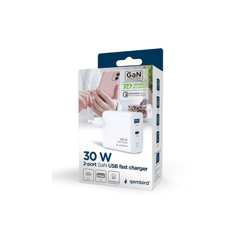 Ładowarka USB-A/C GaN LED 30W PD QC3.0 biała | PartsPC.pl