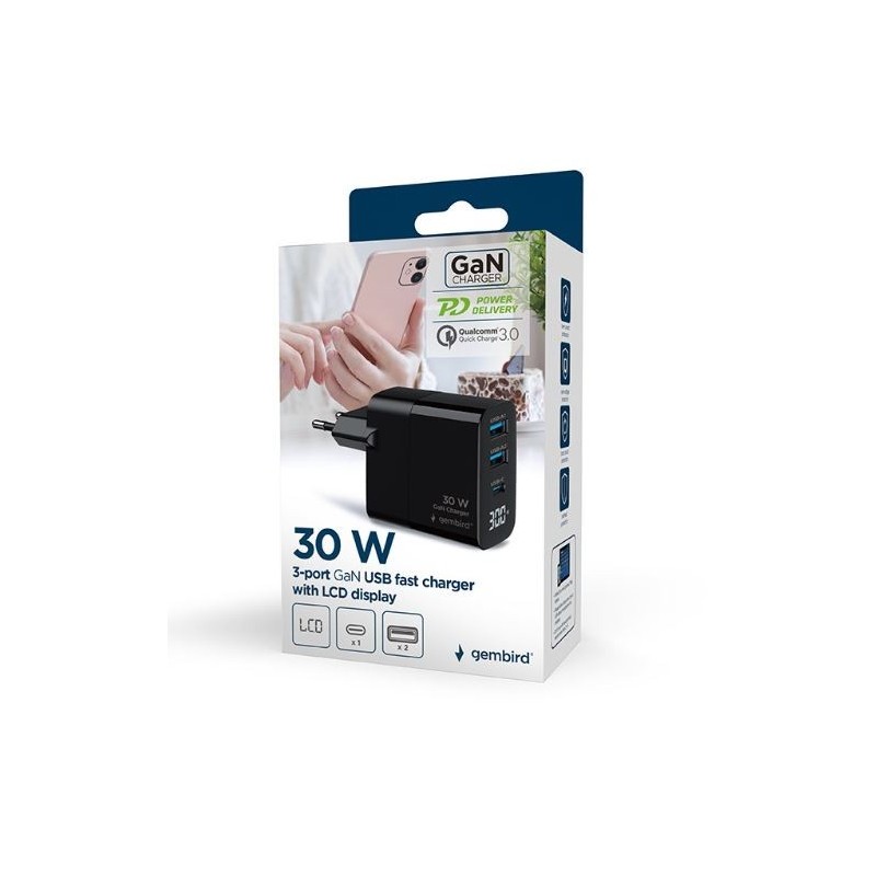 Ładowarka GaN 2xA 1xC LCD 30W PD QC3.0 czarna | PartsPC.pl