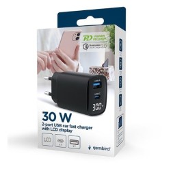 Ładowarka GaN 1xUSB-A 1xUSB-C LCD 30W PD QC3.0 czarna | PartsPC.pl