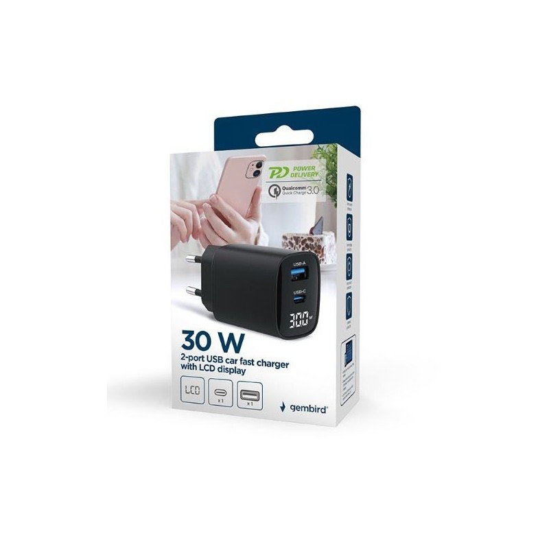 Ładowarka GaN 1xUSB-A 1xUSB-C LCD 30W PD QC3.0 czarna | PartsPC.pl