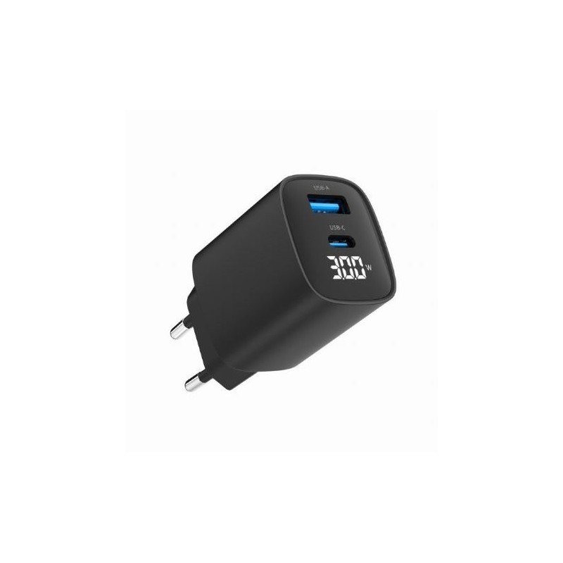 Ładowarka GaN 1xUSB-A 1xUSB-C LCD 30W PD QC3.0 czarna | PartsPC.pl