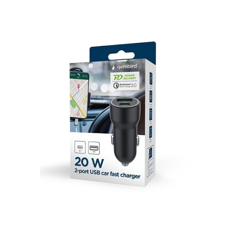 Ładowarka samochodowa USB-A/USB-C 20W PD czarna | PartsPC.pl
