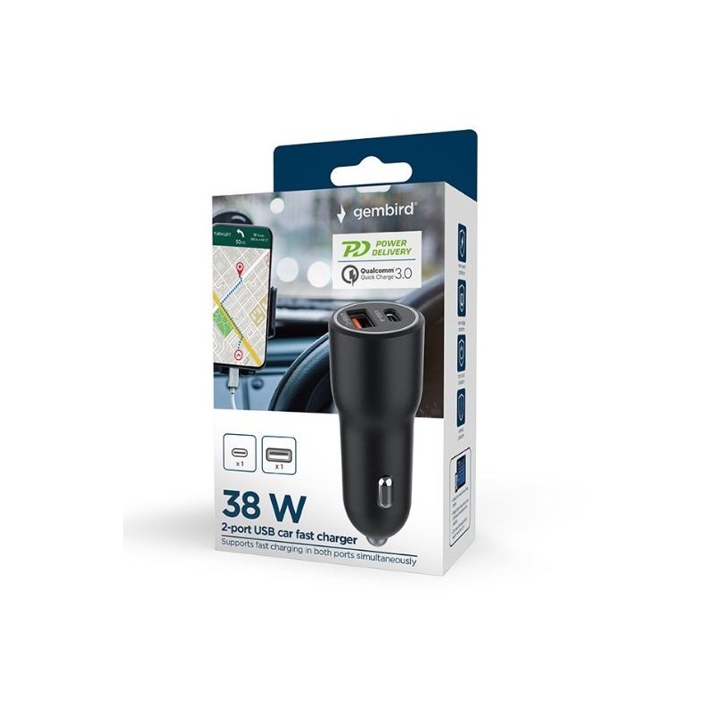 Ładowarka samochodowa USB-A/USB-C 38W PD czarna | PartsPC.pl